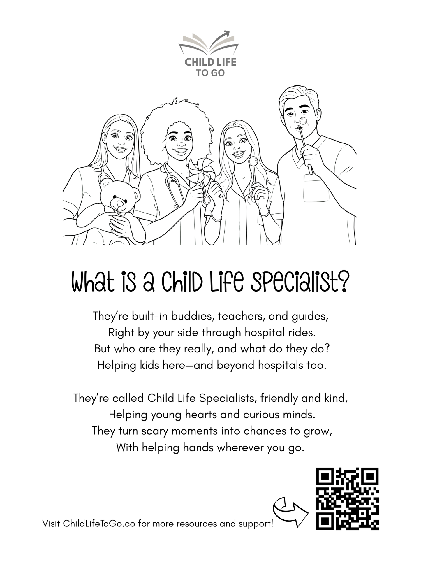 Child Life Specialists from A to Z: A coloring book showing the scope, of child life helpers who help families cope