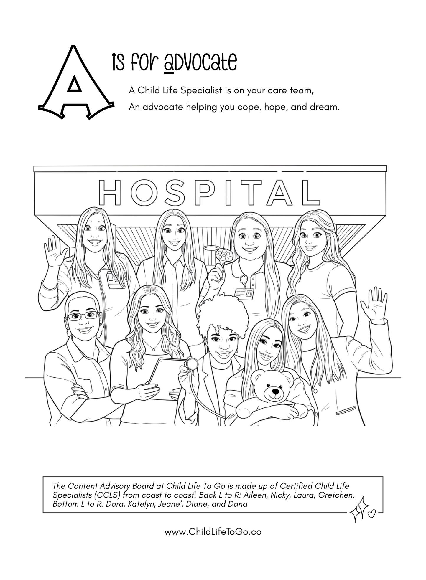 Child Life Specialists from A to Z: A coloring book showing the scope, of child life helpers who help families cope